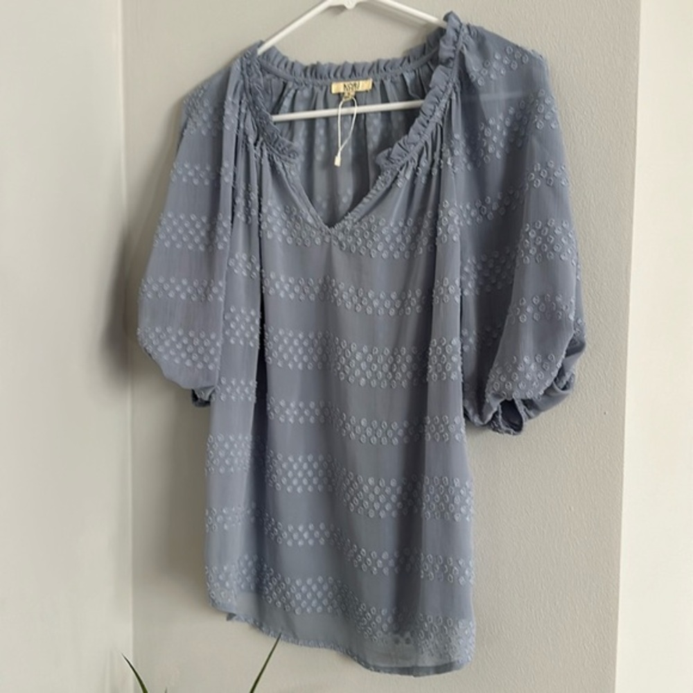 Kori America dusty blue flutter sleeve blouse top shirt size small business